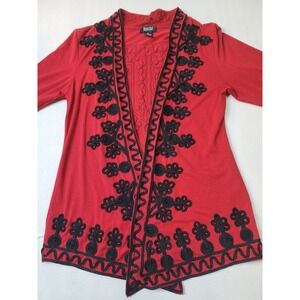 Objects D'art Red‎ Black Soutache Embroidered Open Front Cardigan Medium 2708